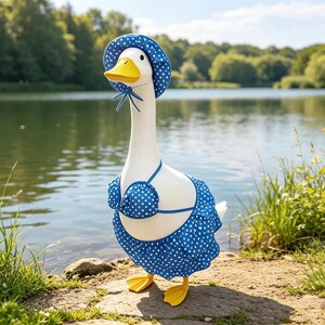 Puede incluir: Una caprichosa figura de ganso blanco con un bikini azul de lunares y un sombrero a juego. El ganso tiene pico y patas amarillas, de pie cerca de un lago con follaje verde en el fondo.