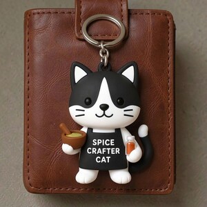 Op de afbeelding: Een zwart-witte katten sleutelhanger met de tekst "SPICE CRAFTER CAT" op de schort. De kat houdt een kleine bruine kom en een fles vast. De sleutelhanger is bevestigd aan een bruine leren portemonnee.