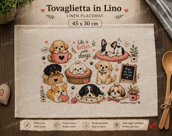 Mantel individual de lino para perros, 45x30 cm | Mantel individual para amantes de los perros "La vida es mejor con perros" | Decoración de mesa para perros