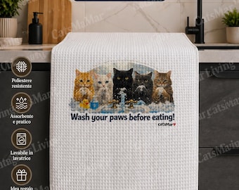 Cat Tea Towel, 46x28 Polyester | "Wash Your Paws Before Eating" Kitchen Towel | Modern Cat Kitchen Towel, 46x28 Polyester