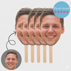 May include: Five photo masks of a smiling man's face on wooden sticks. A circular image of the same man is in the lower left corner. The text "Photo mask" is in a blue circle with pink stars.