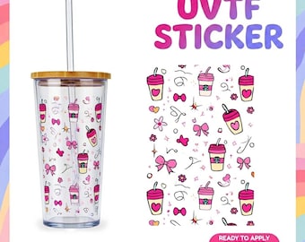 May include: Clear tumbler with a bamboo lid and straw, decorated with a repeating pattern of pink coffee cups, bows, and hearts. A matching sticker sheet is next to the tumbler. The sticker sheet has the text "UVTF STICKER".