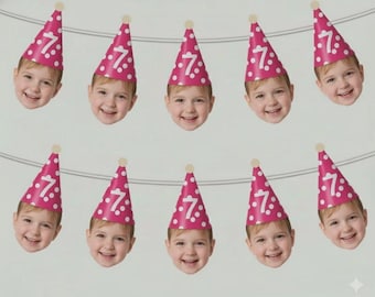 May include: A banner featuring ten smiling children's faces, each wearing a pink party hat with white polka dots and the number 7. The hats are strung along a thin, gray string against a light background.