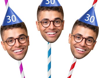 May include: Three straws with smiling faces wearing blue party hats with the number 30. The straws are striped in pink and white, blue and white, and red and white. The faces are of a man with glasses.