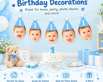 May include: A birthday banner featuring five cutouts of a baby's face wearing a blue party hat with the number one, displayed above a cake with a number one candle, a teddy bear, and gift boxes, with text reading Perfect for Birthday Decorations.