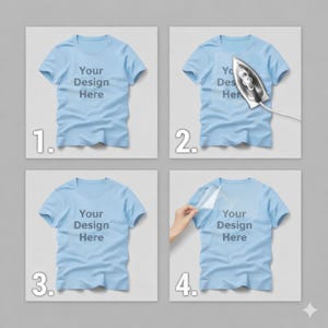 May include: A four-panel image demonstrating how to apply a design to a light blue t-shirt. The shirt displays the text "Your Design Here". An iron is used in the second panel, and a hand is peeling off a layer in the fourth panel.