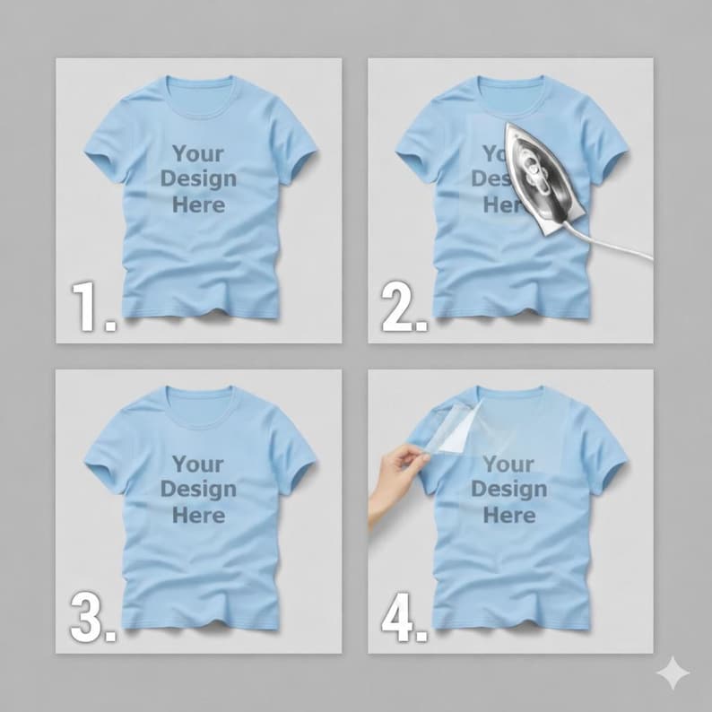 May include: A four-panel image demonstrating how to apply a design to a light blue t-shirt. The shirt displays the text "Your Design Here". An iron is used in the second panel, and a hand is peeling off a layer in the fourth panel.