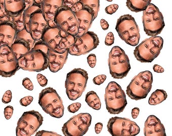 May include: A collage of smiling faces, each a close-up of a man with light brown hair and a beard. The faces are scattered across a white background, creating a pattern of repeated images.
