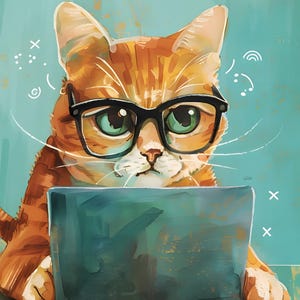 Puede incluir: Ilustración de un gato atigrado naranja con gafas de montura negra, concentrado en un portátil verde azulado. El gato tiene ojos verdes y está sobre un fondo verde azulado con detalles blancos.
