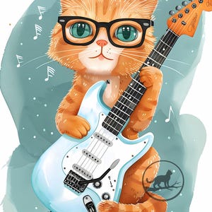 Puede incluir: Ilustración en acuarela de un gato naranja con gafas negras sosteniendo una guitarra eléctrica azul claro. El gato tiene ojos verdes y está rodeado de notas musicales sobre un fondo verde azulado. Un logotipo de un gato en una rama está en la esquina inferior derecha.