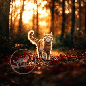 Cat Wall Art Printable, Autumn Forest Cat Photo, Cozy Fall Decor, Golden Light Nature Print, Aesthetic Animal Poster, Instant Download