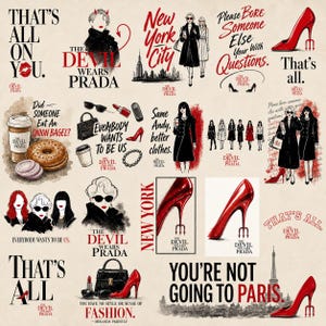 Op de afbeelding: Een collage met modethema met illustraties en tekst, waaronder de zin "The Devil Wears Prada". Bevat afbeeldingen van hoge hakken, stadsgezichten en citaten zoals "You're not going to Paris."