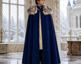 Medieval Wool Cloak with Fur Collar: Gothic Renaissance Hooded Cape Outerwear