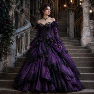 gothic purple prom dresses Gothic Purple Prom Dresses 2025, Vestidos de Novia Mermaid Tiered Ruffle Appliques Beads Bridal Gowns