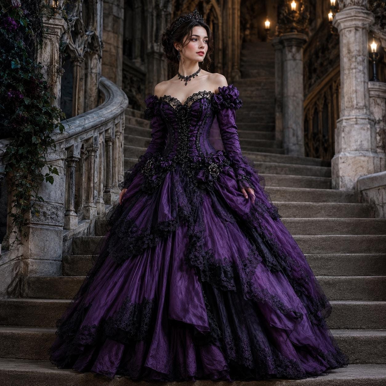black and purple masquerade dresses Gothic Tulle Long Prom Dress Purple and Black Formal Womens Dresses jkprom