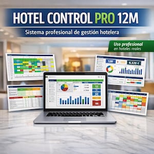 Puede incluir: Un ordenador portátil que muestra gráficos y tablas, con el texto "HOTEL CONTROL PRO 12M" en la parte superior. Gráficos y tablas adicionales flotan alrededor del portátil. La imagen también incluye el texto "Sistema profesional de gestión hotelera" y "Uso profesional en hoteles reales."