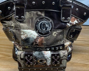 Guess Women Shoulder Bag Wallet Set Brown Patchwork Leopard Y2K McBling Medium