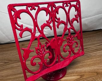 Red Cast Iron Cookbook Holder Sheet Music Stand Scrollwork Vintage Home Decor