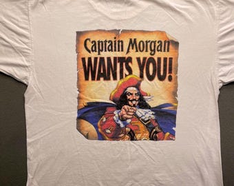 Captain Morgan Men Graphic T-shirt Wit Y2K Cotton Large Vintage Promo Rum retro
