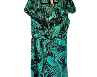 Miss Tina Damesjurk Teal Zwart Tropisch Palmblad XL Ruche Fladdermouwen