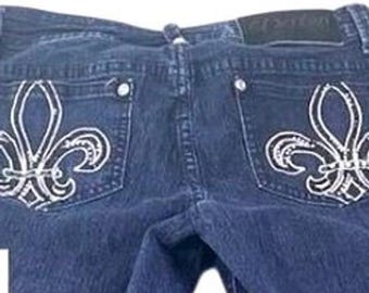 Jeans ajustados para mujer Dereon, lavado oscuro, con pedrería y flor de lis, talla 7/8, estilo Y2K McBling