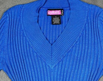 Say What dames geribbelde gebreide top katoenmix blauwe kleine Y2K V-hals knoopmanchet