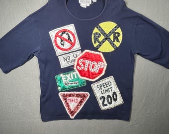 Sudadera Michelle Nichole para mujer, con estampado de lentejuelas y señal de tráfico, estilo kitsch vintage, talla XL.