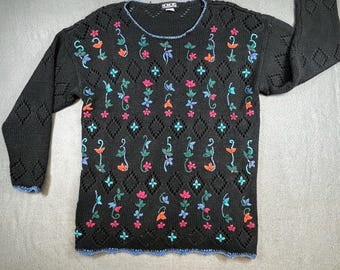 VTG dames geborduurde bloementrui L jaren 90 zwarte ramee katoen boho gebreide oma