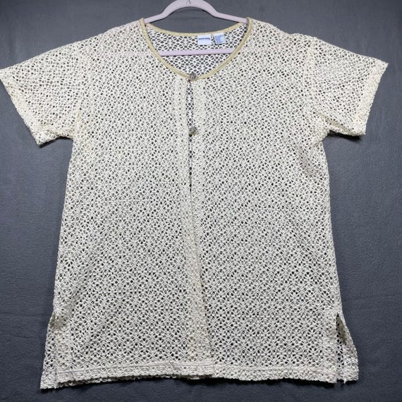 VTG Wave Zone Women Cardigan Crochet Knit Gold Trim Cream 1X Boho Beach Coverup