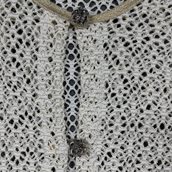 VTG Wave Zone Women Cardigan Crochet Knit Gold Trim Cream 1X Boho Beach Coverup View 3