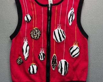 VTG Bechamel women sweater vest animal print ornament knit XL holiday zip front