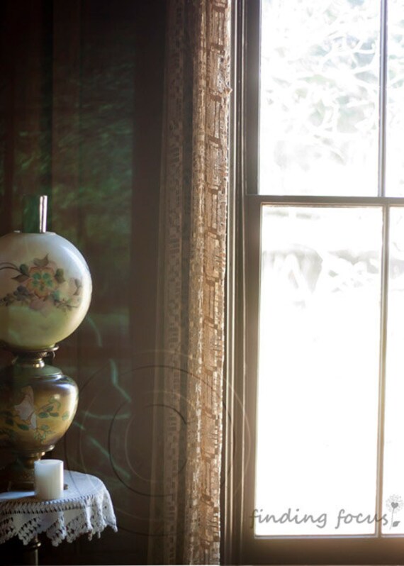 Dreamy Light Bedroom Window Photography Vintage Lace Oil Lamp Shabby Chic Rustic Farmhouse Still Life Photo Appalachian Mountain Cabin Art