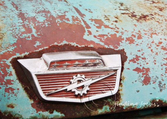 Thunderbolt Rusted Baby Blue Ford Truck Emblem Photo Vintage Pickup Rust Chrome Abandoned Man Cave Masculine Photography Auto Enthusiast
