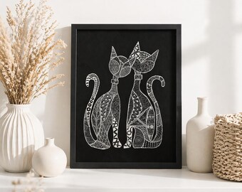 Dibujo a mano de dos gatos estilo Zentangle / Decoración de pared con animales en blanco y negro