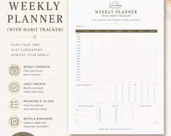 Weekly Planner with Habit Tracker Printable, Time Blocking Schedule, 8.5x11 PDF
