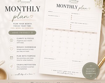 Planificador mensual imprimible / Calendario apto para personas con TDAH / Planificador mensual minimalista (Descarga instantánea)
