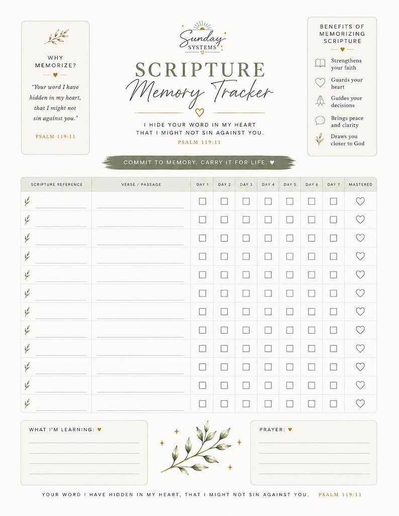 K&ouml;nnte beinhalten: Ein cremefarbener Scripture Memory Tracker mit olivgr&uuml;nen Akzenten. Er enth&auml;lt Abschnitte f&uuml;r Bibelstellen, Verse und ein sieben-Tage-Fortschrittsraster mit Herzsymbolen. Der Text umfasst Sunday Systems, Psalm 119,11 und Vorteile des Auswendiglernens von Versen.