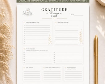 Dankbarkeit + Gebetsjournal Seite druckbar, Arbeitsblatt zur täglichen Glaubensreflexion, christlicher Planer, 8,5 x 11 minimalistisches PDF