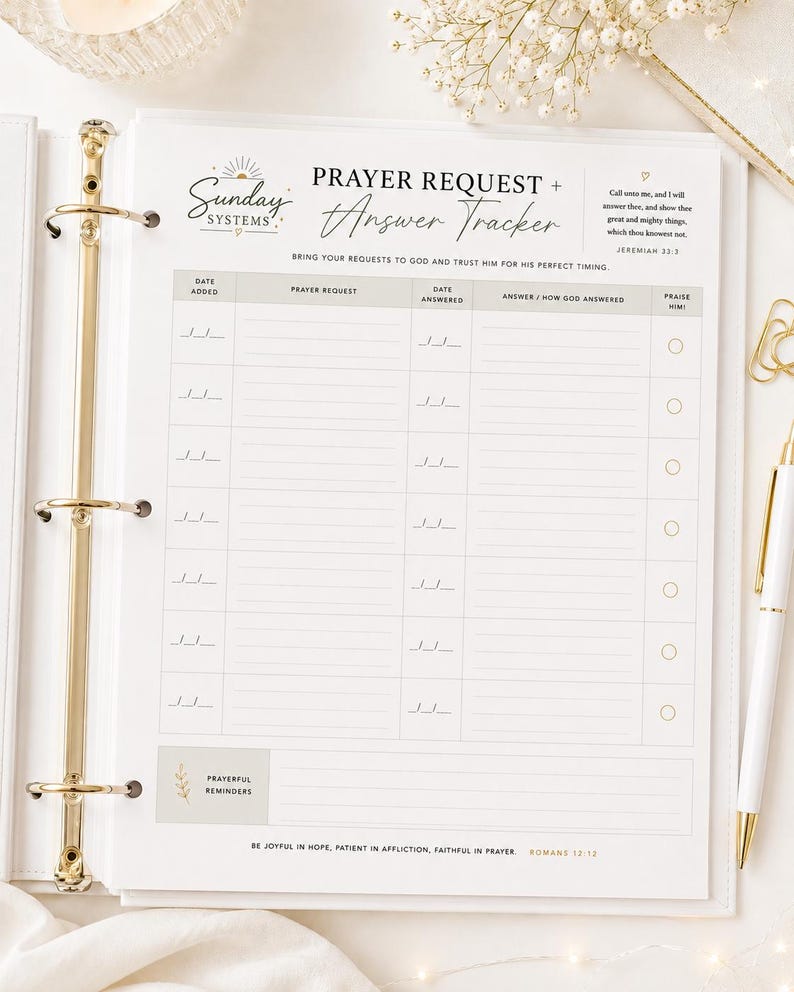 May include: A white paper prayer request and answer tracker insert for a binder. The page features columns for date added, prayer request, date answered, answer, and praise. It includes the text Sunday Systems, Prayer Request + Answer Tracker.
