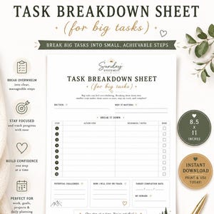 May include: A white task breakdown sheet with black text titled Sunday Systems Task Breakdown Sheet for big tasks. The document includes sections for big task, why it matters, ten numbered action steps, resources, notes, challenges, and completion dates.