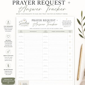 May include: A white 8.5 x 11 inch printable prayer request and answer tracker sheet with black text. The document features columns for date added, prayer request, date answered, answer, and praise. It includes the text Sunday Systems and Jeremiah 33:3.