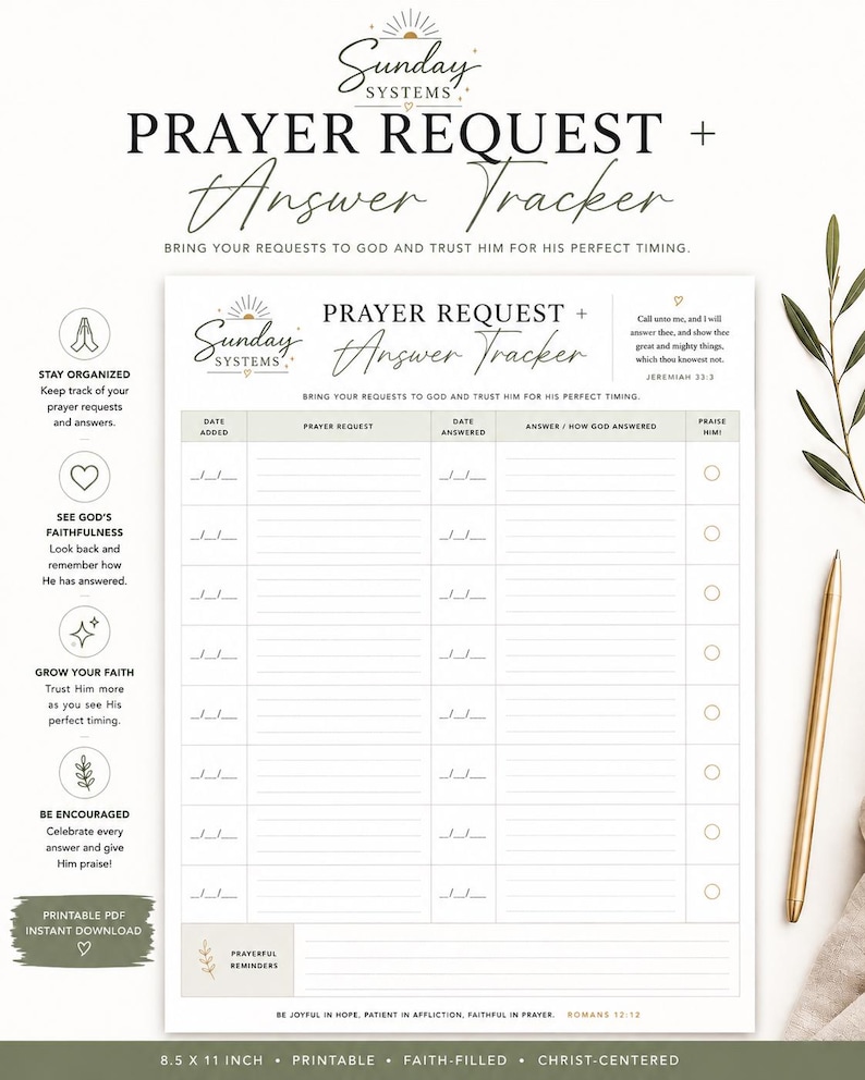 May include: A white 8.5 x 11 inch printable prayer request and answer tracker sheet with black text. The document features columns for date added, prayer request, date answered, answer, and praise. It includes the text Sunday Systems and Jeremiah 33:3.