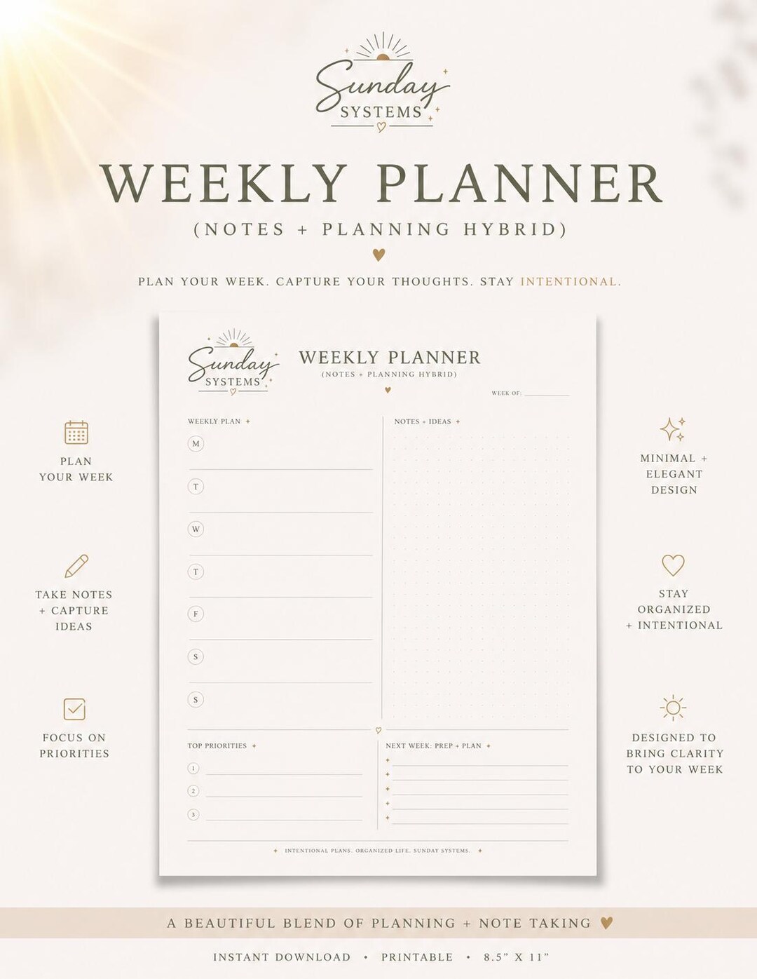 Weekly Planner Printable, Notes and Planning Hybrid, Minimalist Weekly ...
