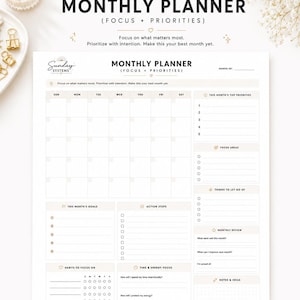 May include: A white monthly planner sheet with black text titled Sunday Systems Monthly Planner (Focus + Priorities). The layout includes a calendar grid, sections for top priorities, goals, action steps, habits, and reflection prompts.