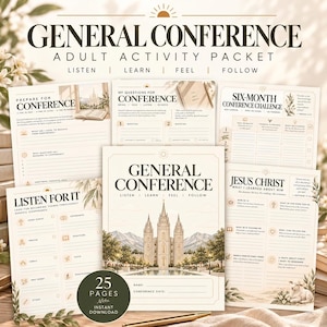 以下が含まれることがあります： General Conference Adult Activity Packetと題された印刷済みアクティビティシートのセット。メモ、質問、課題用のページが含まれています。デザインには寺院、山、子羊のイラストが描かれており、聞く、学ぶ、感じる、従うためのテキストプロンプトが記載されています。
