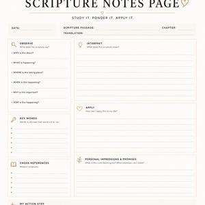 May include: A white scripture notes page with gold accents and text. Sections include Observe, Interpret, Apply, Key Words, Cross References, Personal Impressions & Promises, and My Action Step. The header reads Sunday Systems Scripture Notes Page.