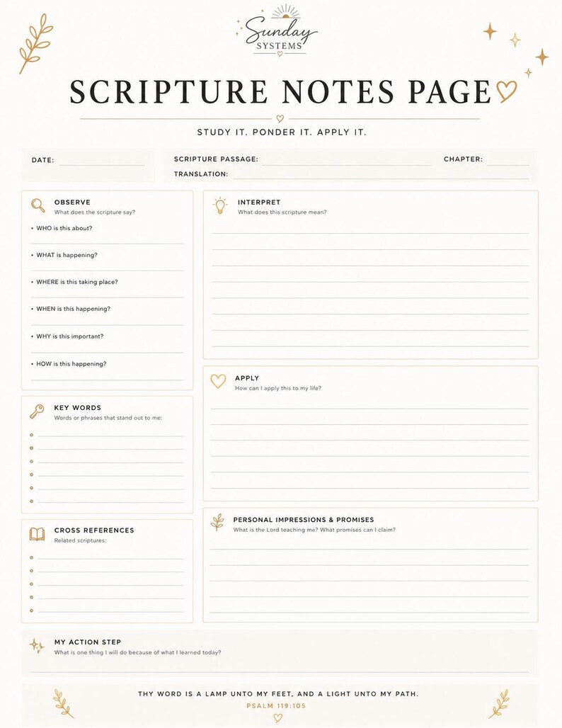 May include: A white scripture notes page with gold accents and text. Sections include Observe, Interpret, Apply, Key Words, Cross References, Personal Impressions & Promises, and My Action Step. The header reads Sunday Systems Scripture Notes Page.