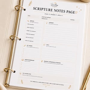 May include: A white scripture notes page inside a three-ring binder with gold hardware. The page features sections for observe, interpret, apply, key words, cross references, and personal impressions, with the text Thy word is a lamp unto my feet.