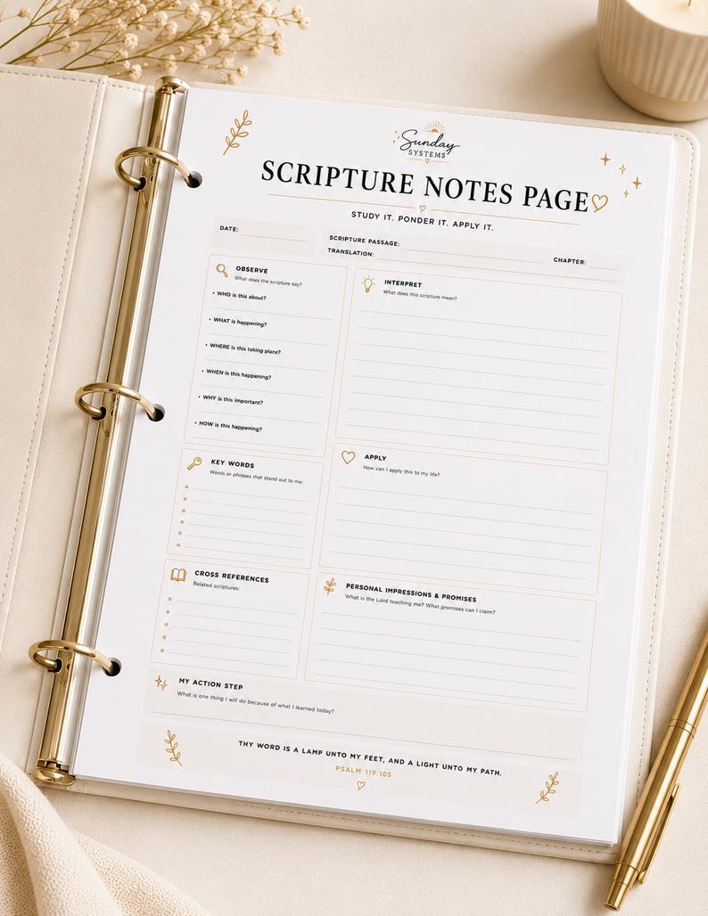 May include: A white scripture notes page inside a three-ring binder with gold hardware. The page features sections for observe, interpret, apply, key words, cross references, and personal impressions, with the text Thy word is a lamp unto my feet.