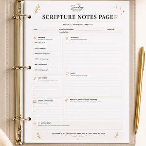 May include: A white scripture notes page in a beige three-ring binder with a gold pen. The page features the text Sunday Systems, Scripture Notes Page, and sections for observe, interpret, apply, key words, cross references, and personal impressions.
